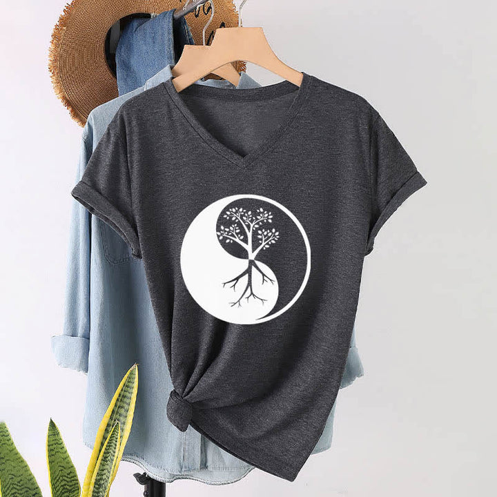T-shirt col V Olivenorma Yin Yang Tree Yoga Méditation - image 2