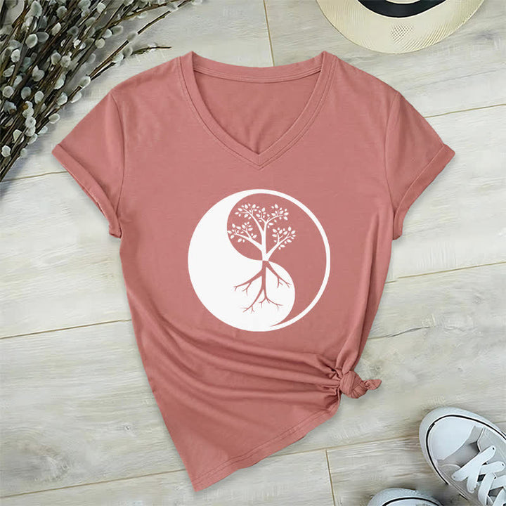 T-shirt col V Olivenorma Yin Yang Tree Yoga Méditation - Rose - 2XL - image 18