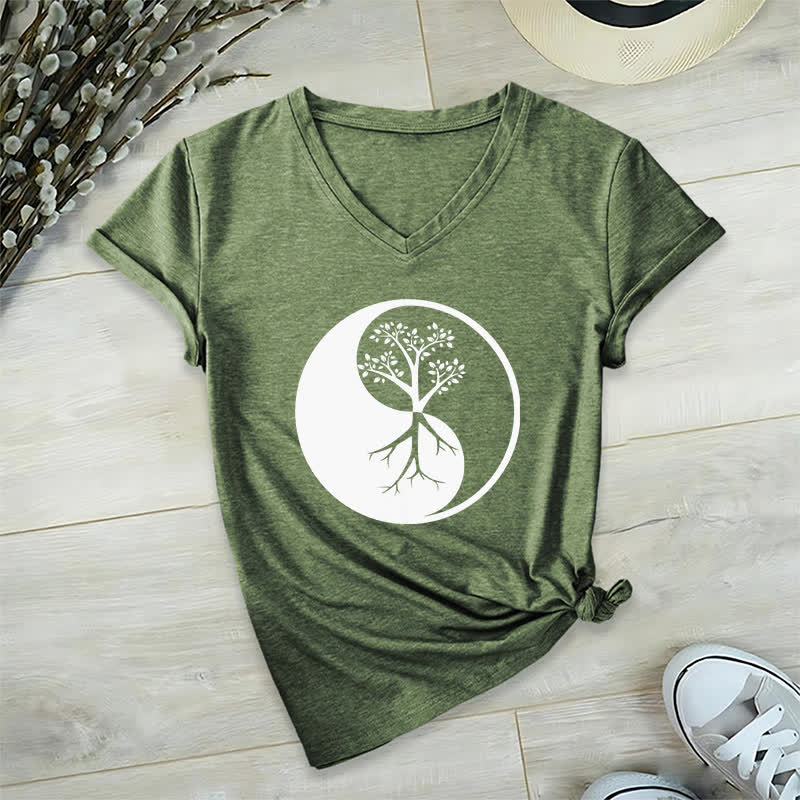 T-shirt col V Olivenorma Yin Yang Tree Yoga Méditation - Vert olive - 2XL - image 9