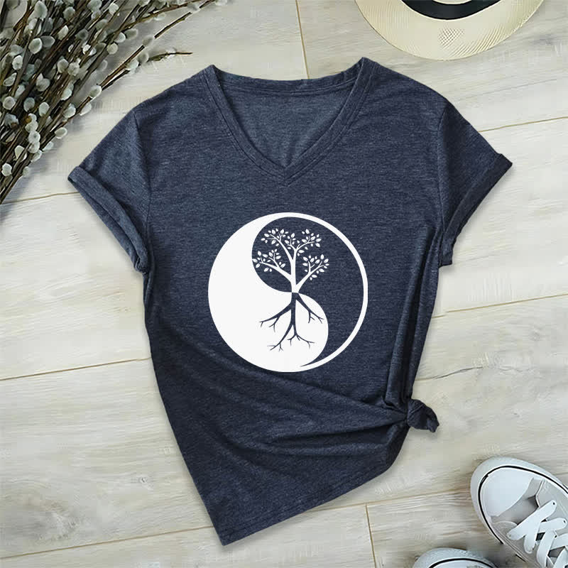 T-shirt col V Olivenorma Yin Yang Tree Yoga Méditation - Bleu marine - 2XL - image 6