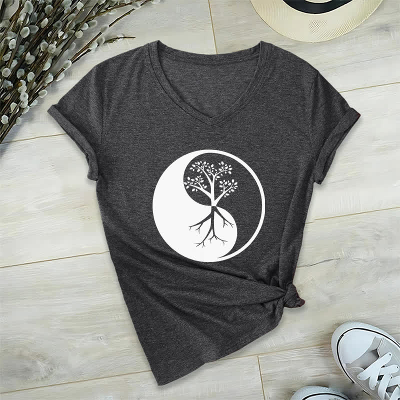 T-shirt col V Olivenorma Yin Yang Tree Yoga Méditation - Gris - 2XL - image 0