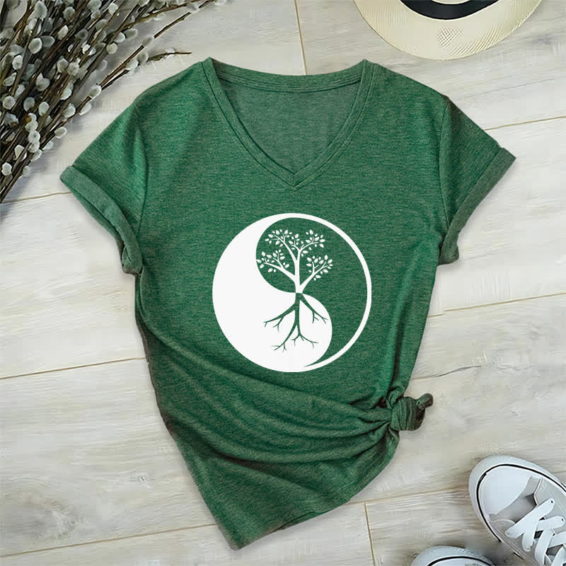 T-shirt col V Olivenorma Yin Yang Tree Yoga Méditation - Vert foncé - 2XL - image 7
