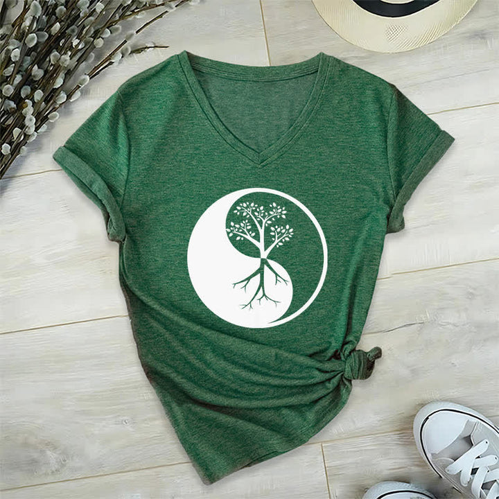 T-shirt col V Olivenorma Yin Yang Tree Yoga Méditation - Vert foncé - 2XL - image 7