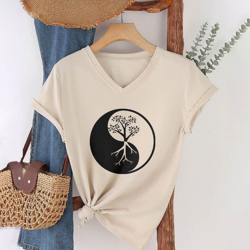 T-shirt col V Olivenorma Yin Yang Tree Yoga Méditation - image 22