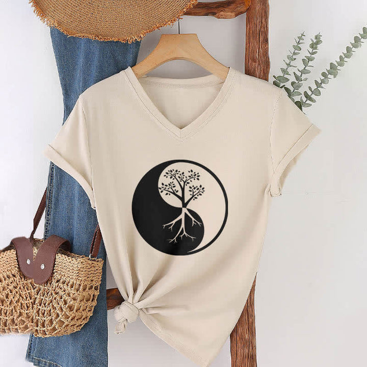 T-shirt col V Olivenorma Yin Yang Tree Yoga Méditation - image 22