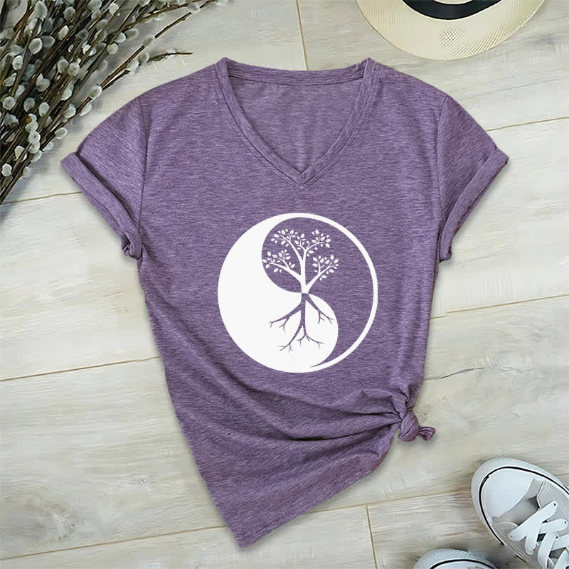 T-shirt col V Olivenorma Yin Yang Tree Yoga Méditation - Violet - 2XL - image 25