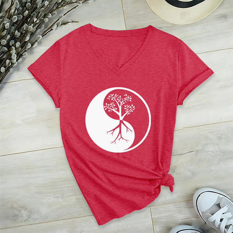 T-shirt col V Olivenorma Yin Yang Tree Yoga Méditation - Rouge - 2XL - image 13