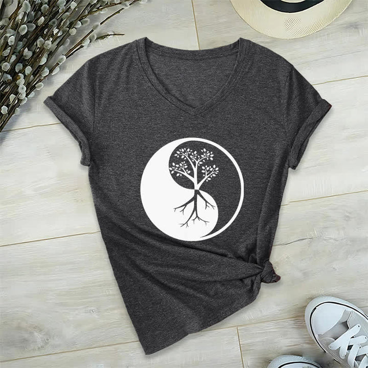T-shirt col V Olivenorma Yin Yang Tree Yoga Méditation - Gris - 2XL - image 1