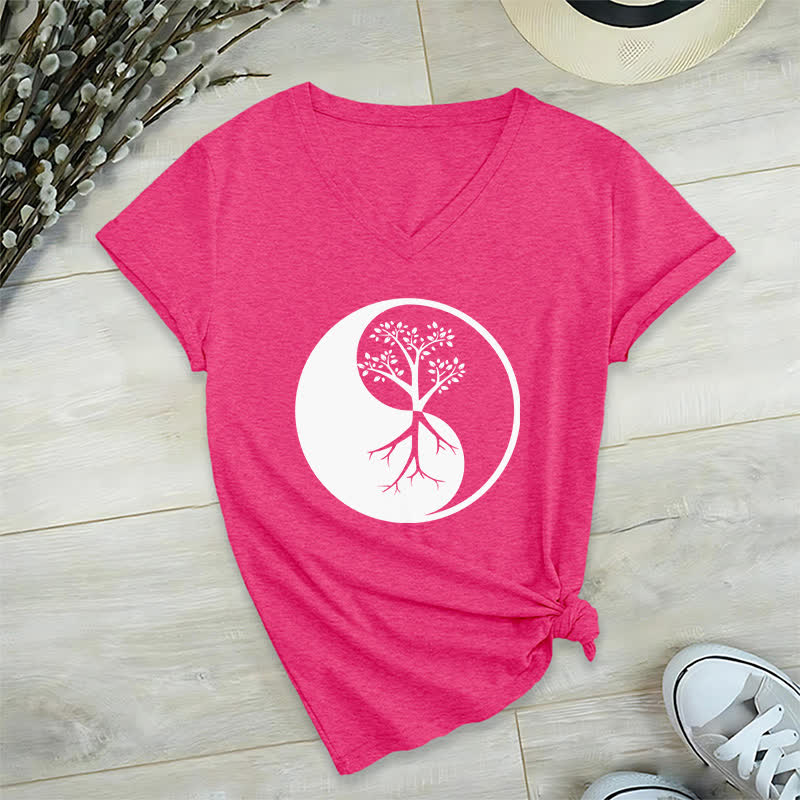 T-shirt col V Olivenorma Yin Yang Tree Yoga Méditation - Rose Rouge - 2XL - image 19