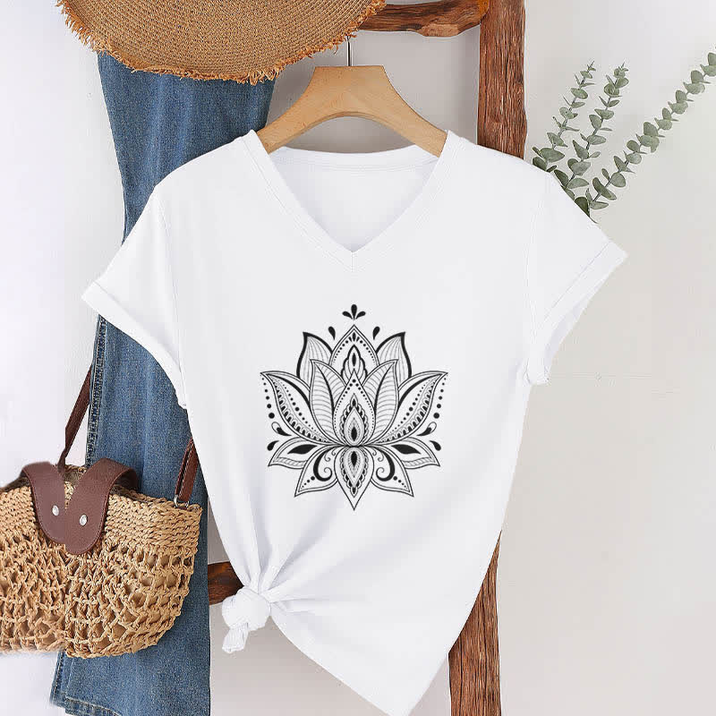 T-shirt col V Olivenorma Mandala Fleur de Lotus - Blanc - 2XL - image 4