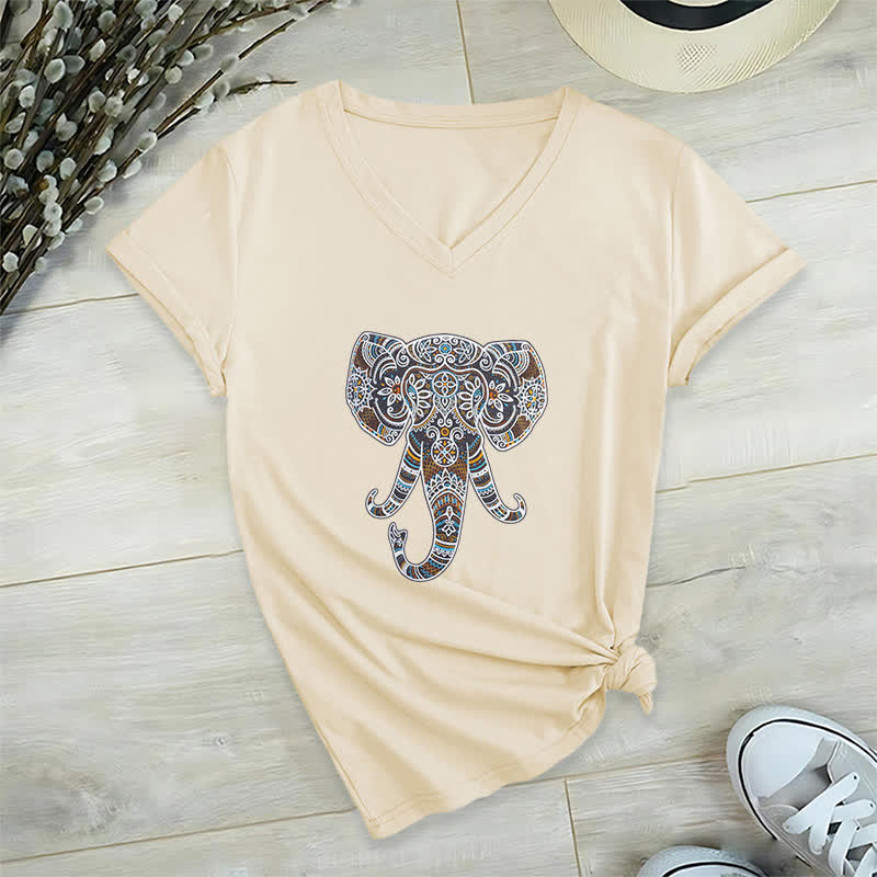 T-shirt col V Olivenorma pour femme, motif éléphant, nature et animaux - Kaki - 2XL - image 22