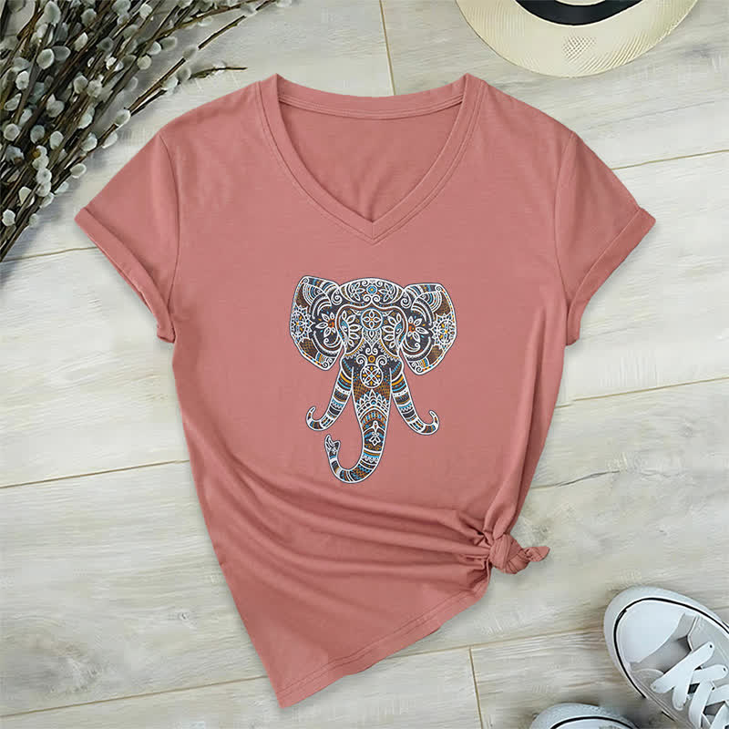 T-shirt col V Olivenorma pour femme, motif éléphant, nature et animaux - Rose - 2XL - image 18