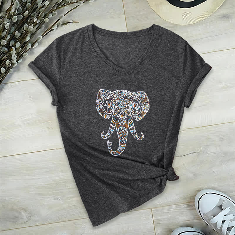 T-shirt col V Olivenorma pour femme, motif éléphant, nature et animaux - Gris - 2XL - image 0