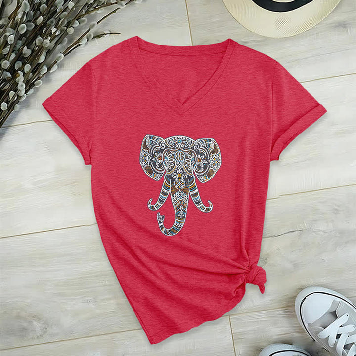 T-shirt col V Olivenorma pour femme, motif éléphant, nature et animaux - Rouge - 2XL - image 14