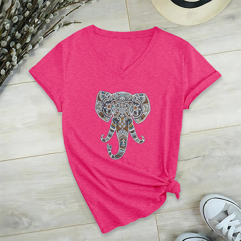 T-shirt col V Olivenorma pour femme, motif éléphant, nature et animaux - Rose Rouge - 2XL - image 20