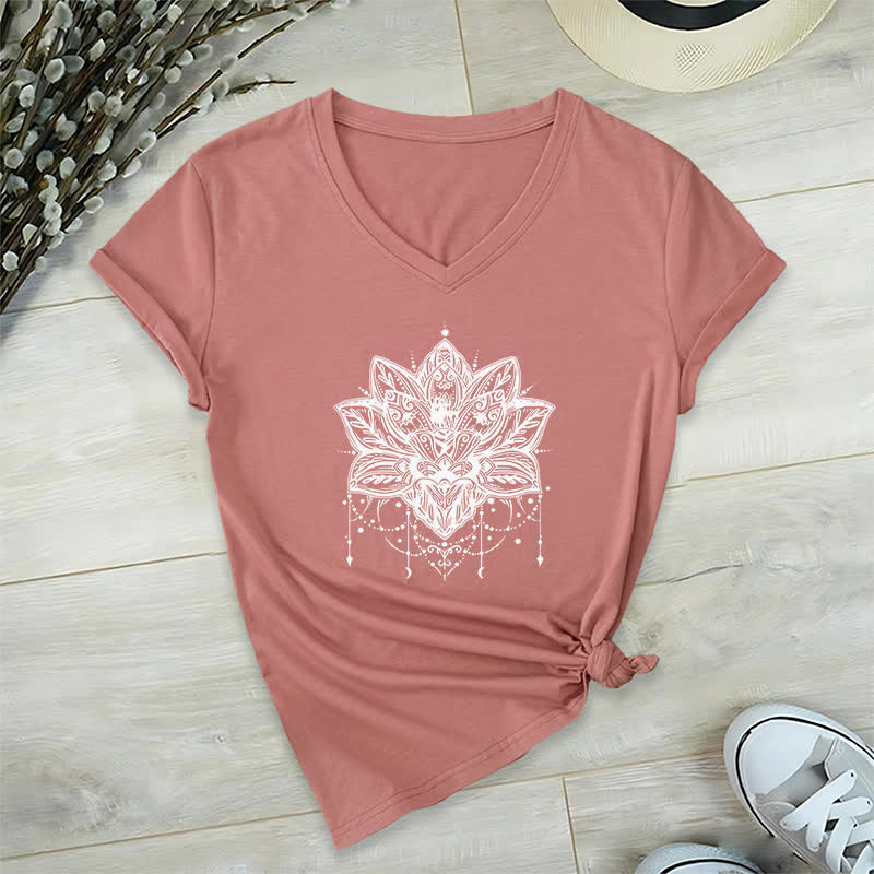 T-shirt col V imprimé Lotus Olivenorma - Rose - 2XL - image 0