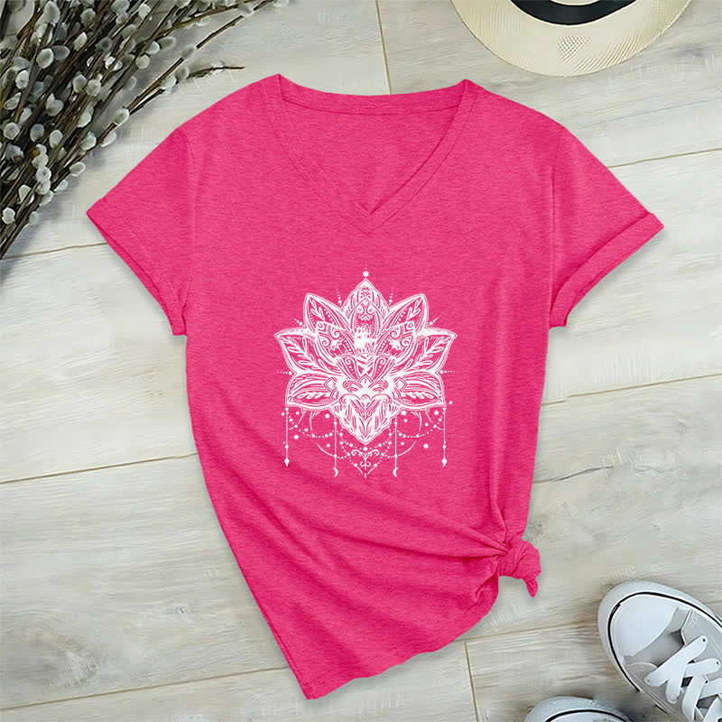 T-shirt col V imprimé Lotus Olivenorma - Rose Rouge - 2XL - image 19