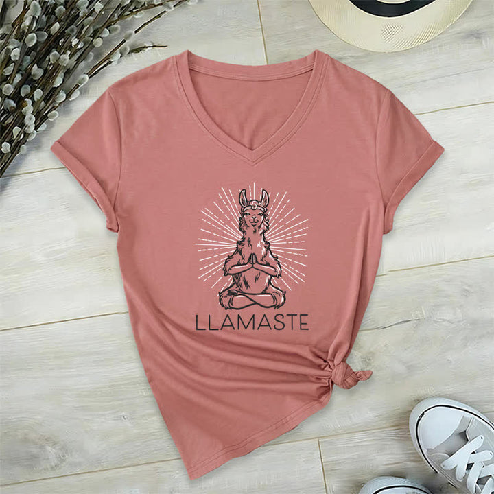 T-shirt col V humoristique Olivenorma avec inscription « Lama Namaste » - Rose - 2XL - image 17
