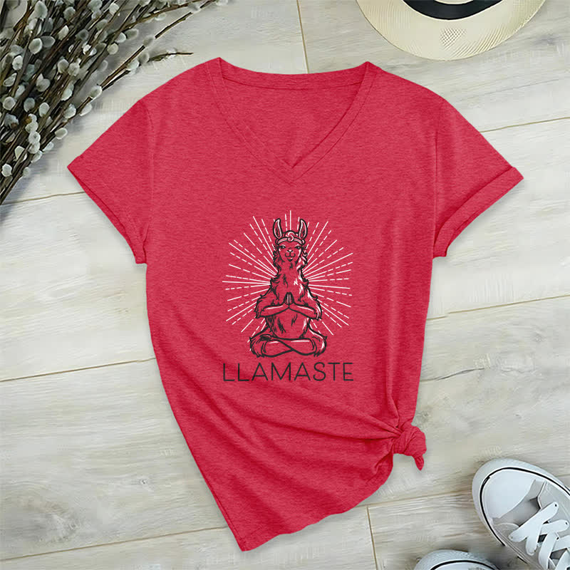 T-shirt col V humoristique Olivenorma avec inscription « Lama Namaste » - Rouge - 2XL - image 13