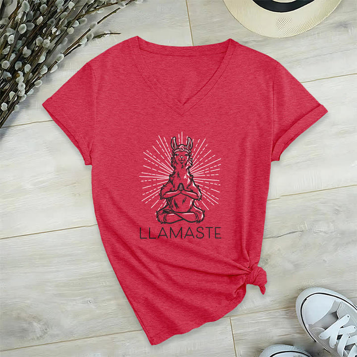 T-shirt col V humoristique Olivenorma avec inscription « Lama Namaste » - Rouge - 2XL - image 14