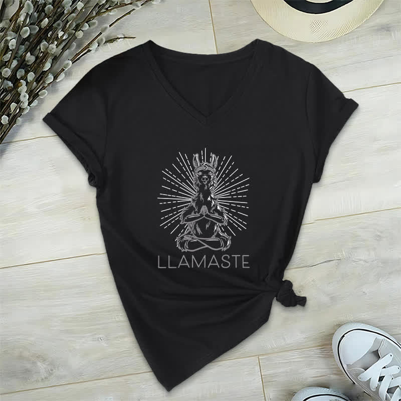 T-shirt col V humoristique Olivenorma avec inscription « Lama Namaste » - Noir - 2XL - image 11