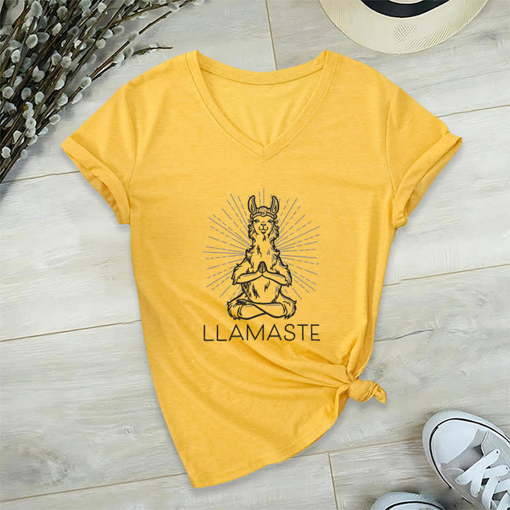 T-shirt col V humoristique Olivenorma avec inscription « Lama Namaste » - Jaune - 2XL - image 16