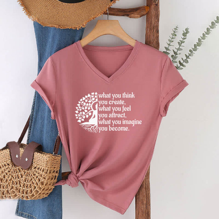 T-shirt col V Olivenorma « Ce que vous pensez créer » - Rose - 2XL - image 17