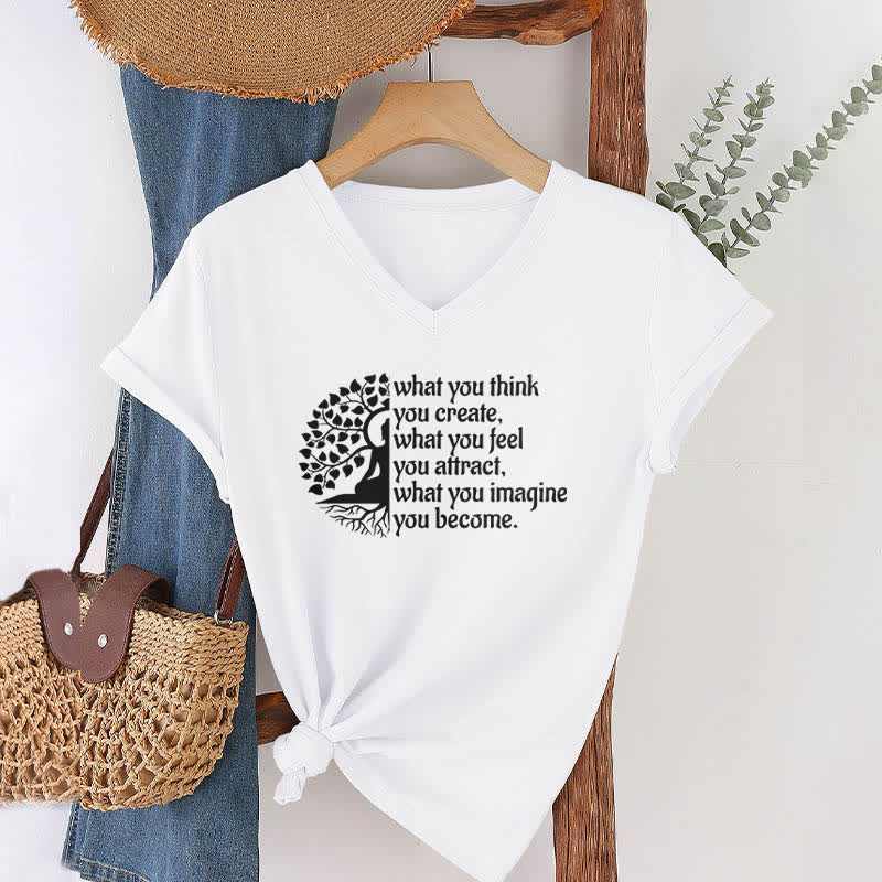 T-shirt col V Olivenorma « Ce que vous pensez créer » - Blanc - 2XL - image 1