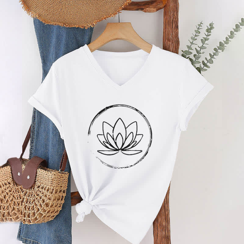 T-shirt ample à col en V motif fleur de lotus style bohème Olivenorma - Blanc - 2XL - image 3