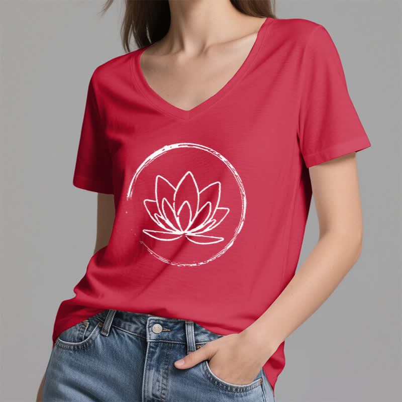 T-shirt ample à col en V motif fleur de lotus style bohème Olivenorma - image 15