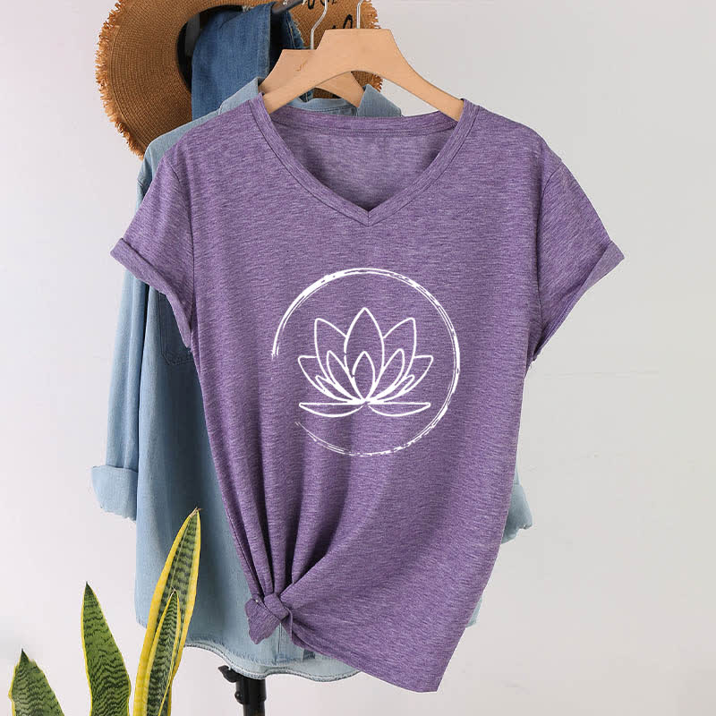 T-shirt ample à col en V motif fleur de lotus style bohème Olivenorma - Violet - 2XL - image 24