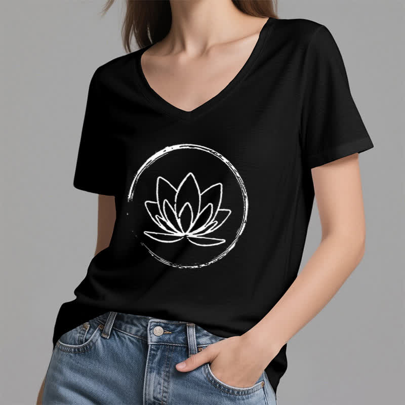 T-shirt ample à col en V motif fleur de lotus style bohème Olivenorma - image 14