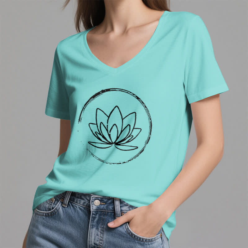 T-shirt ample à col en V motif fleur de lotus style bohème Olivenorma - image 24