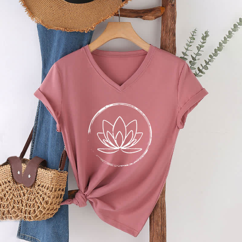 T-shirt ample à col en V motif fleur de lotus style bohème Olivenorma - Rose - 2XL - image 1