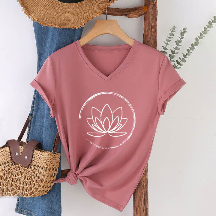 T-shirt ample à col en V motif fleur de lotus style bohème Olivenorma - Rose - 2XL - image 1