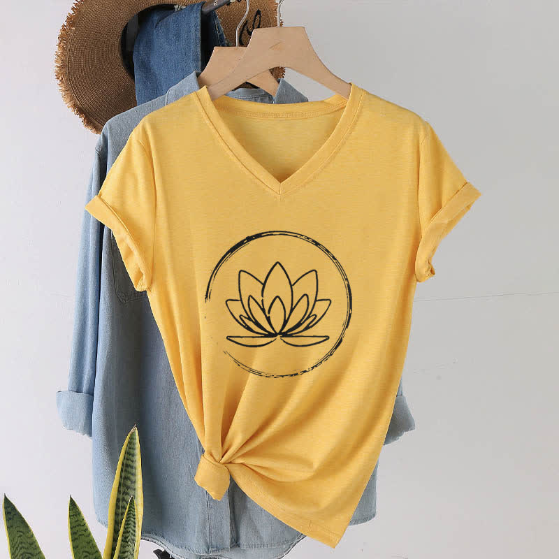 T-shirt ample à col en V motif fleur de lotus style bohème Olivenorma - Jaune - 2XL - image 17