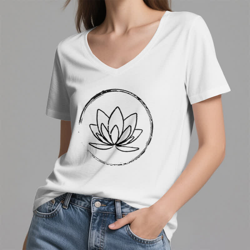 T-shirt ample à col en V motif fleur de lotus style bohème Olivenorma - image 3