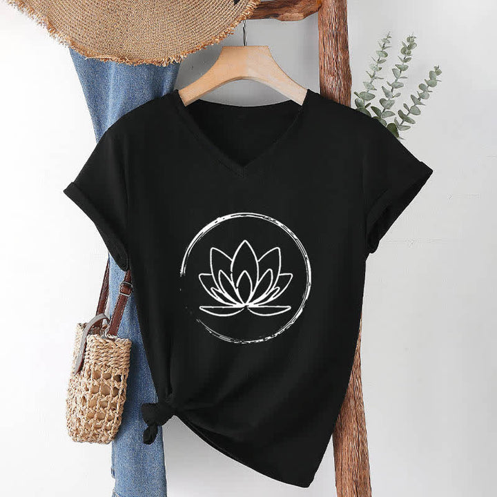 T-shirt ample à col en V motif fleur de lotus style bohème Olivenorma - Noir - 2XL - image 13
