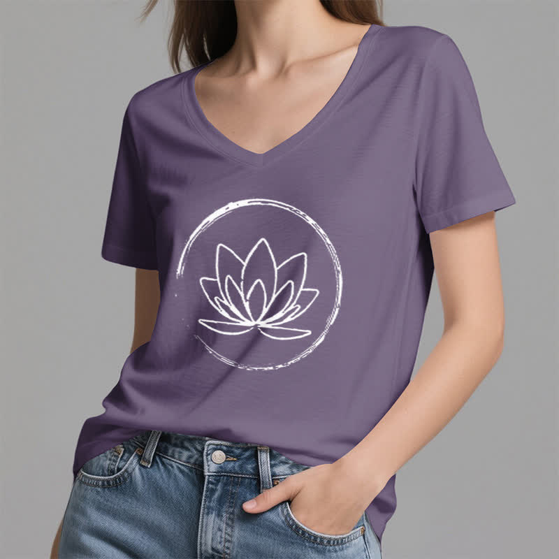 T-shirt ample à col en V motif fleur de lotus style bohème Olivenorma - image 25