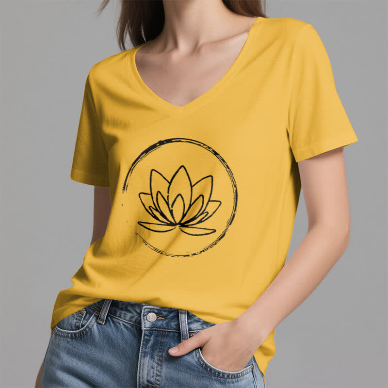 T-shirt ample à col en V motif fleur de lotus style bohème Olivenorma - image 17