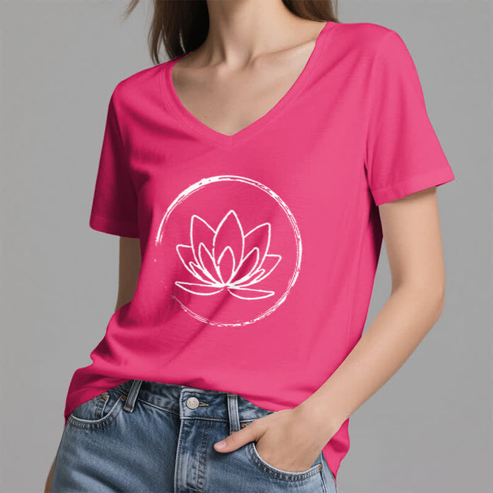 T-shirt ample à col en V motif fleur de lotus style bohème Olivenorma - image 20