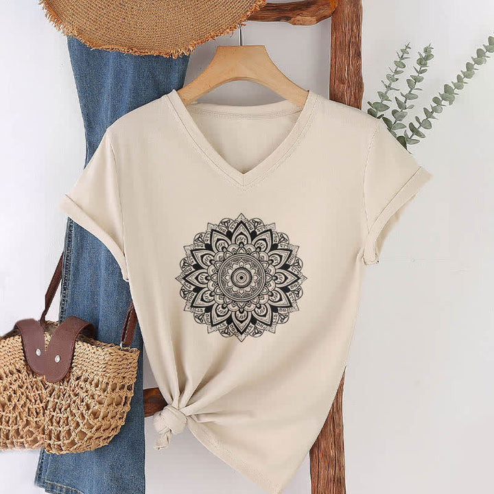 T-shirt de yoga à col en V et motif géométrique de fleur de lotus Olivenorma - Kaki - 2XL - image 10