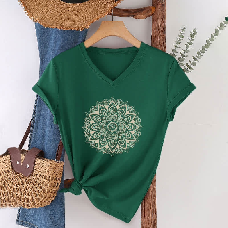 T-shirt de yoga à col en V et motif géométrique de fleur de lotus Olivenorma - Vert foncé - 2XL - image 3