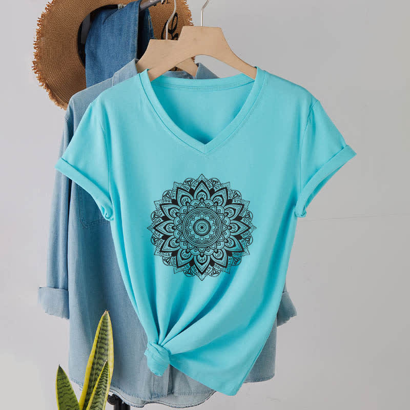 T-shirt de yoga à col en V et motif géométrique de fleur de lotus Olivenorma - Lac Bleu - 2XL - image 11