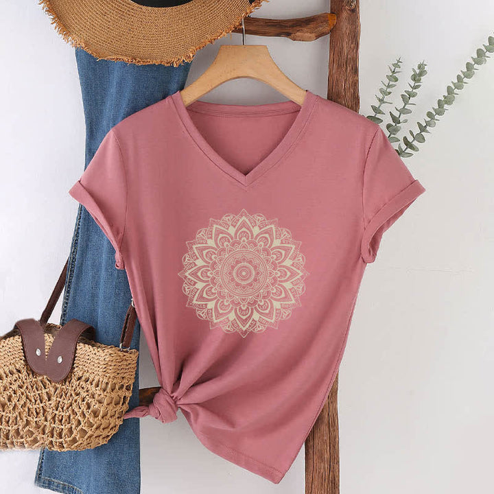 T-shirt de yoga à col en V et motif géométrique de fleur de lotus Olivenorma - Rose - 2XL - image 8