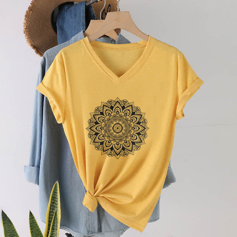 T-shirt de yoga à col en V et motif géométrique de fleur de lotus Olivenorma - Jaune - 2XL - image 7