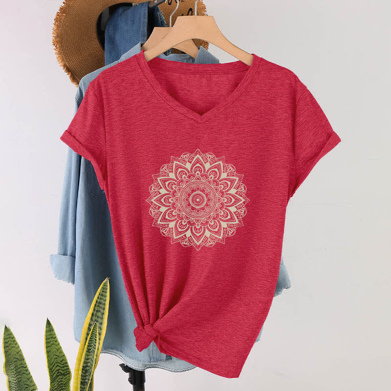 T-shirt de yoga à col en V et motif géométrique de fleur de lotus Olivenorma - Rouge - 2XL - image 1
