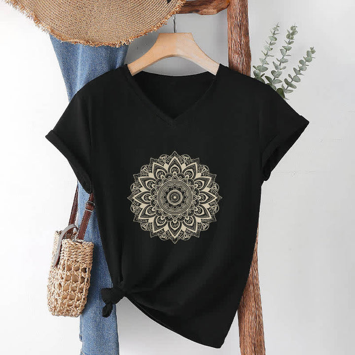 T-shirt de yoga à col en V et motif géométrique de fleur de lotus Olivenorma - Noir - 2XL - image 7