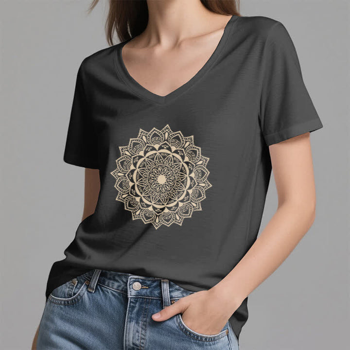 Olivenorma Mandala Lotus Boho Fleur Yoga T-shirt col V - image 1
