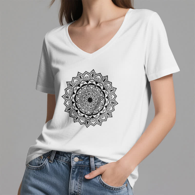 Olivenorma Mandala Lotus Boho Fleur Yoga T-shirt col V - image 3